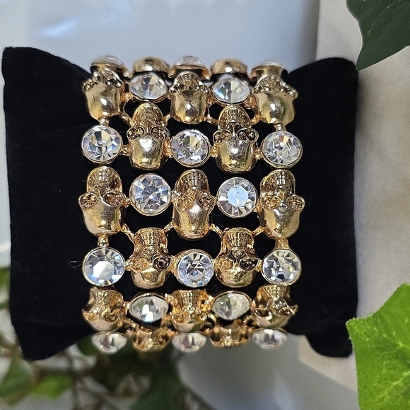 Statement Gold Stretch Bracelet Skulls and Cubic Zirconia - Picture 1 of 9